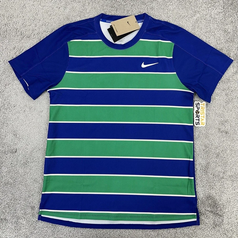 Nike Court Dri-FIT ADV Tennis Shirt Mens Medium Blue Green Striped FZ6934-539